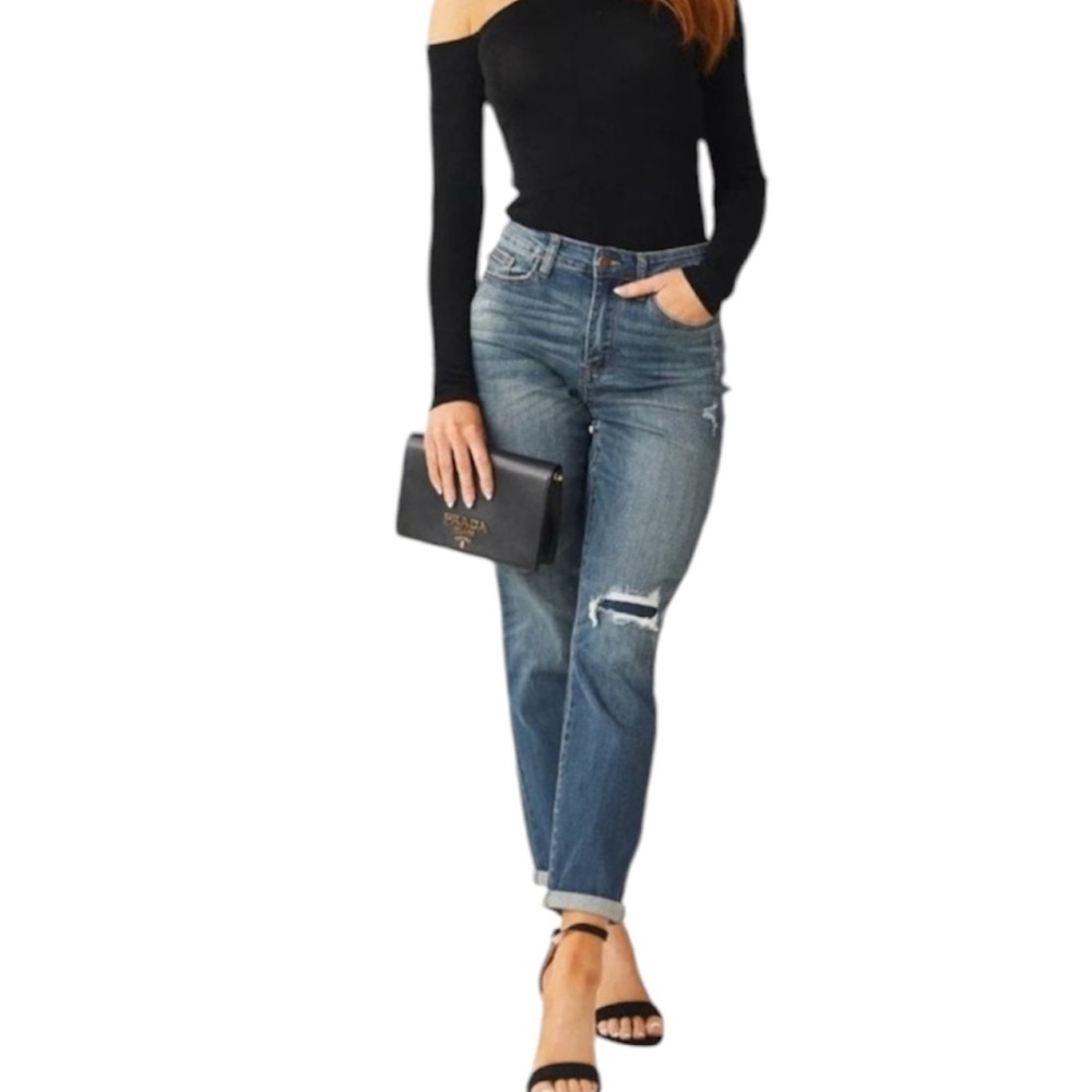 Judy Blue Boyfriend Fit Blue Jeans High Rise Distressed Size 1 - Picture 4 of 14